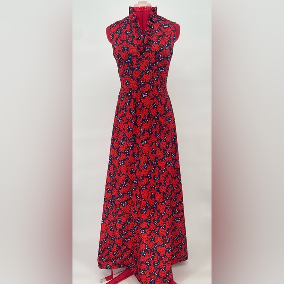 Vintage 60s Red White & Navy Floral Mod Maxi Dress With Ruffles - Picture 2 of 11